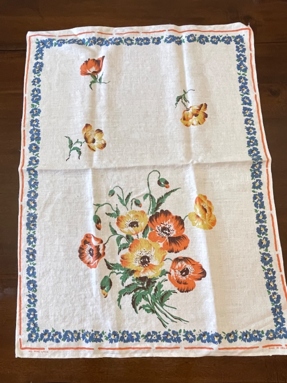 Vintage Pure Irish Linen Floral Printed Tea Towel 30 x 22